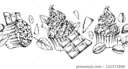 Chocolate shavings, pistachio crumbles on cupcakes, mousse crowned muffins, fresh mint leaves hand drawn in vector ink. Seamless graphic for seasonal dessert headers, baking strips, culinary banners. 132373899
