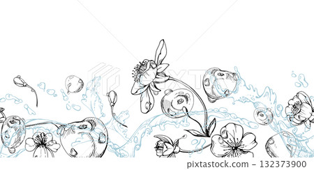 Sweet sour cherry cerise flying in water splashes with drops, ripe line garden berry and leaves, hand drawn vector ink. Seamless banner illustration for restaurant cafe menu, farmers market, wedding 132373900