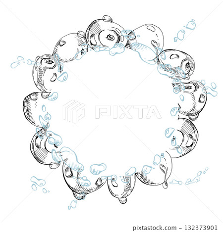 Sweet sour cherry cerise flying in water splashes drops, hand drawn vector ink, ripe line garden berry and leaves. Circle wreath frame illustration. Restaurant cafe menu, farmers market, wedding Sweet sour cherry cerise flying in water splashes drops, hand drawn vector ink, ripe line garden berry and leaves. Circle wreath frame illustration. Restaurant cafe menu, farmers market, wedding 132373901
