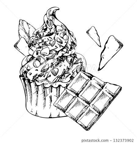 Mousse swirl on cupcake with mint sprigs, chocolate bar accents, paper-wrapped baked muffin hand drawn in vector ink. Isolated dessert artwork. Branding kits, cafe menus, packaging art, blog graphics. Mousse swirl on cupcake with mint sprigs, chocolate bar accents, paper-wrapped baked muffin hand drawn in vector ink. Isolated dessert artwork. Branding kits, cafe menus, packaging art, blog graphics. 132373902