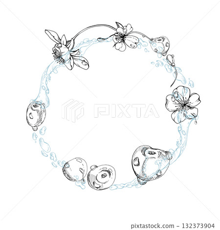 Sweet cherry cerise flying in water splashes drops, hand drawn vector ink, line garden berry, white flowers leaves. Circle wreath frame illustration. Restaurant cafe menu, farmers market, wedding 132373904