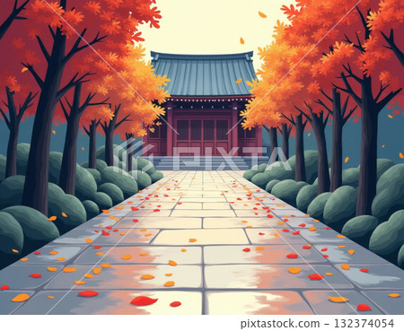Rain-soaked temple gate and autumn leaves 132374054