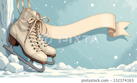 Winter ice skates hanging on wooden post with blank ribbon banner. Winter ice skates hanging on wooden post with blank ribbon banner. 132374163