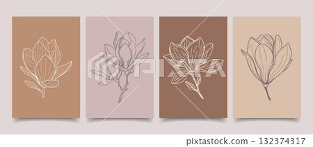 Set of hand drawn botanical art posters with magnolia. Set of card with magnolia flowers on pastel backgrounds. Illustration. 132374317
