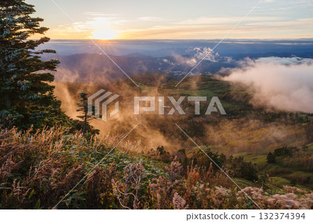 Yoshigahira Marsh illuminated by the morning sun, seen from the highest point on a national highway in Japan 132374394