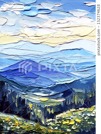 Mountain Landscape with Blue Hills and Yellow Fields, Textured Impasto Oil Painting with Thick Brushstrokes Mountain Landscape with Blue Hills and Yellow Fields, Textured Impasto Oil Painting with Thick Brushstrokes 132374628