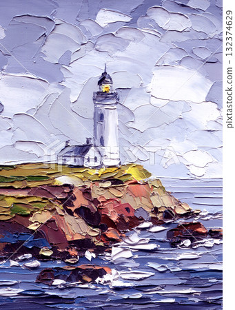 Lighthouse on Rocky Cliff above Ocean Waves, Textured Impasto Oil Painting with Bright Sky and Coastal View Lighthouse on Rocky Cliff above Ocean Waves, Textured Impasto Oil Painting with Bright Sky and Coastal View 132374629