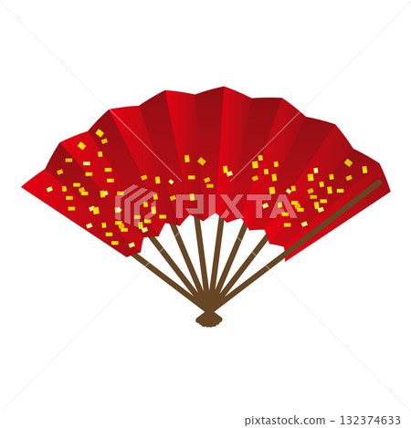 Vector illustration of a luxurious Japanese-style dark red fan with gold leaf pattern 132374633