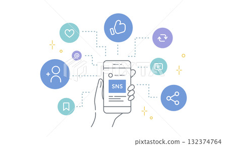 Vector illustration of social media marketing using influencers (smartphone, likes, follows) Blue 132374764