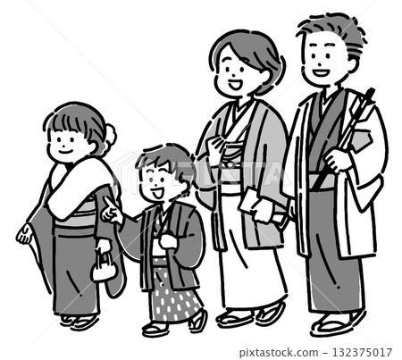 A family of four wearing kimonos goes to visit a shrine for the first time in the new year 132375017