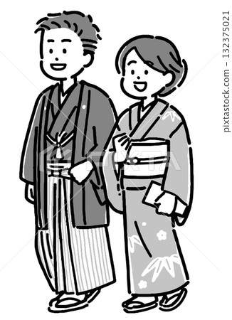 一對穿著有冠飾的袴和和服的年輕夫婦 132375021