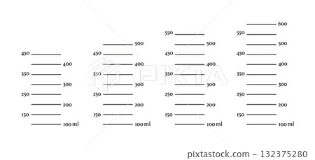 Scales 450, 500, 550, 600 ml liquid volume set. Measuring milliliters cup, jug to preparing cooking. Graphic templates isolated on white background. Scales 450, 500, 550, 600 ml liquid volume set. Measuring milliliters cup, jug to preparing cooking. Graphic templates isolated on white background. 132375280