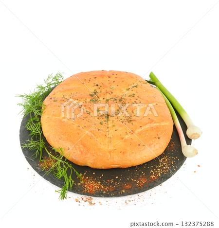Round Savory Pie or Cheese Bread on Slate Board 132375288