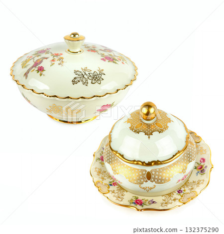 Vintage Tureen and Sugar Bowl with Floral and Bird Motif 132375290