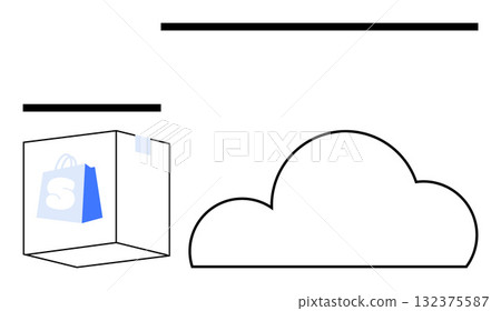 E-commerce platform icon with shopping bag graphic, floating rectangular shapes, and large cloud outline. Ideal for online stores, cloud storage, retail apps, e-commerce, digital platforms, web E-commerce platform icon with shopping bag graphic, floating rectangular shapes, and large cloud outline. Ideal for online stores, cloud storage, retail apps, e-commerce, digital platforms, web 132375587