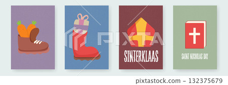 Sinterklaas Saint Nicholas Day Poster Vector Set, Traditional Dutch Holiday Celebration Cards, Boots with Carrots, Gift in Red Boot, Mitre, Holy Book, Childrens Winter Festival Graphics Sinterklaas Saint Nicholas Day Poster Vector Set, Traditional Dutch Holiday Celebration Cards, Boots with Carrots, Gift in Red Boot, Mitre, Holy Book, Childrens Winter Festival Graphics 132375679