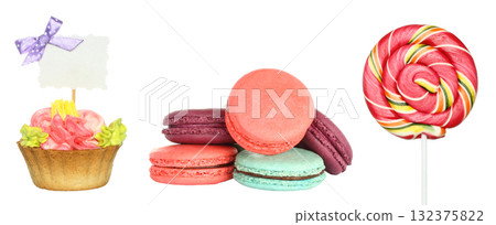 Children party set: holiday cake, macaroons and lollipop, isolated on transparent background 132375822