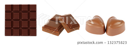 Chocolate collection food set: chocolate bar, broken chocolate bars and chocolate candies, isolated on transparent background Chocolate collection food set: chocolate bar, broken chocolate bars and chocolate candies, isolated on transparent background 132375823