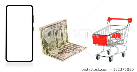 E-Commerce concept set: smart phone, money bills and shopping cart, isolated on transparent background E-Commerce concept set: smart phone, money bills and shopping cart, isolated on transparent background 132375830