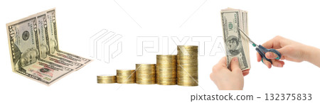 Financial Crisis business set: USA dollar bills, coins and hands cutting the money, isolated on transparent background Financial Crisis business set: USA dollar bills, coins and hands cutting the money, isolated on transparent background 132375833