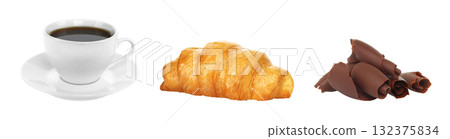 French breakfast food set: coffee cup, croissant and chocolate curls, isolated on transparent background 132375834