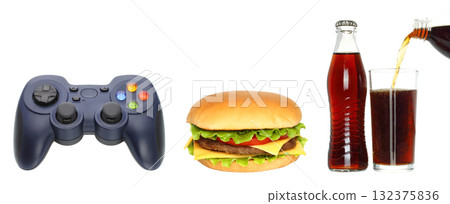 Gaming Snack set: gamepad, burger and cola beverage, isolated on transparent background 132375836