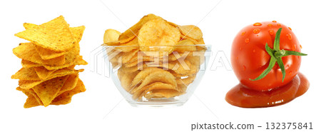 Mexican Snacks food set: nachos heap, bowl with potato chips and tomato ketchup, isolated on transparent background Mexican Snacks food set: nachos heap, bowl with potato chips and tomato ketchup, isolated on transparent background 132375841