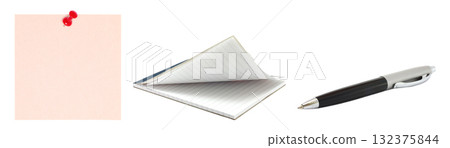 Office Notes business set: note paper, notepad and business pen, isolated on transparent background Office Notes business set: note paper, notepad and business pen, isolated on transparent background 132375844