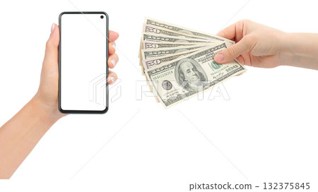 Online Payment set: hand with smartphone and hand with a money, isolated on transparent background 132375845