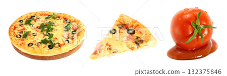 Pizza set: pizza, pizza slice and tomato ketchup, isolated on transparent background 132375846