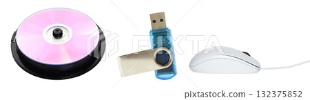 Technologies of 2000s set: compact disk, USB flash memory and wire computer mouse, isolated on transparent background 132375852