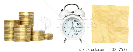 Time is Money set: money coins, alart clock and crumpled note paper, isolated on transparent background 132375853