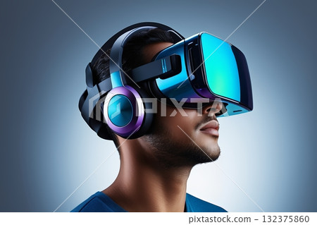 Man wearing virtual reality headset and headphones 132375860