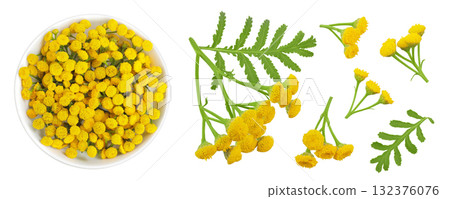Tansy flower or Tanacetum vulgare in ceramic bowl isolated on white background. Top view. Flat lay. 132376076