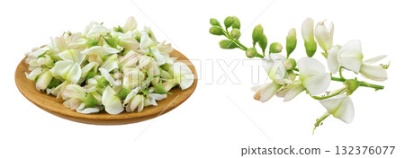 flowers of Sophora japonica or Styphnolobium japonicum in wooden bowl isolated on white background flowers of Sophora japonica or Styphnolobium japonicum in wooden bowl isolated on white background 132376077