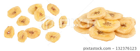 Dried banana chips isolated on white background with full depth of field. Top view. Flat lay 132376123
