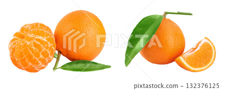 Tangerine or clementine with green leaf isolated on white background with full depth of field. Tangerine or clementine with green leaf isolated on white background with full depth of field. 132376125