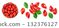 Rose hip in ceramic bowl isolated on a white background with full depth of field. Top view. Flat lay. 132376127