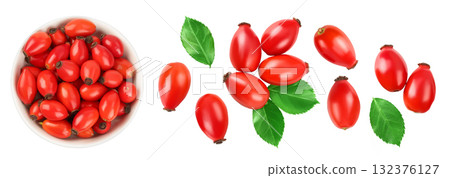 Rose hip in ceramic bowl isolated on a white background with full depth of field. Top view. Flat lay. 132376127