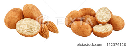 Marzipan balls or potatoes with almond isolated on white background full depth of field Marzipan balls or potatoes with almond isolated on white background full depth of field 132376128