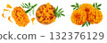 petals of fresh marigold or tagetes erecta flower isolated on white background. Top view. Flat lay 132376129