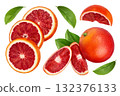 Blood red oranges slices isolated on white background. Top view. Flat lay 132376133