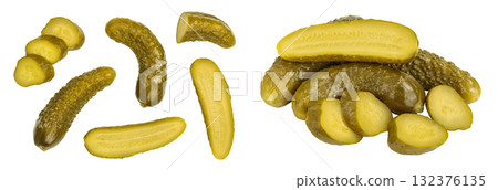 Marinated pickled cucumber isolated on white background with  full depth of field. Top view. Flat lay Marinated pickled cucumber isolated on white background with  full depth of field. Top view. Flat lay 132376135