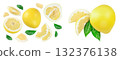 pomelo with slice and leaf isolated on white background. Top view. Flat lay. 132376138