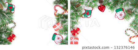 Christmas Frame of Fir tree branch with snow isolated on white background with copy space for your text. Top view Christmas Frame of Fir tree branch with snow isolated on white background with copy space for your text. Top view 132376146