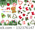 Christmas Frame of Fir tree branch with snow isolated on white background. Top view 132376147