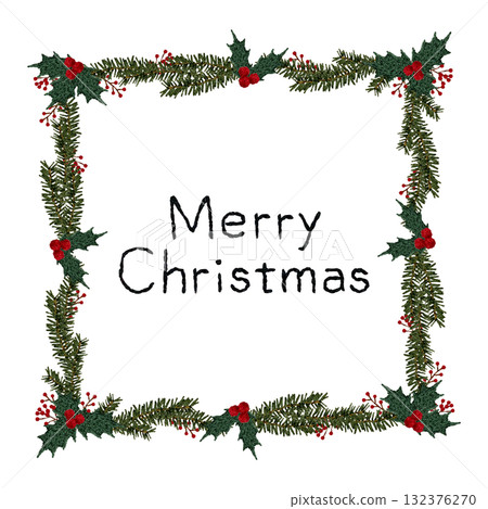 [Christmas wreath square frame with text] Hand-embroidered illustration material 132376270
