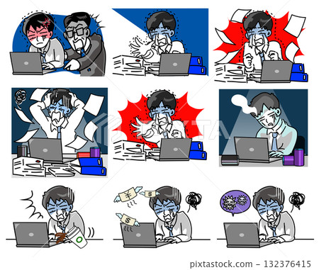 Set of vector illustrations of a young male office worker in trouble with a computer 132376415