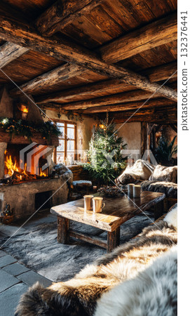 Relax in a warm mountain chalet surrounded by natural wood accents, a crackling fireplace, and soft lighting. This inviting space is ideal for winter gatherings and cozy times 132376441
