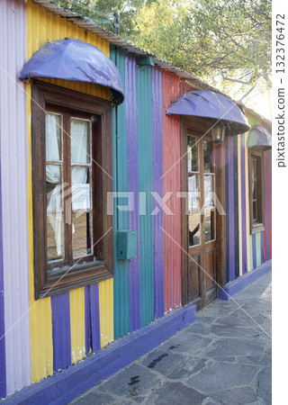 Picturesque typical construction in the town of Puerto Piramides, Peninsula Valdes, Chubut Province, Patagonia, Argentina. 132376472